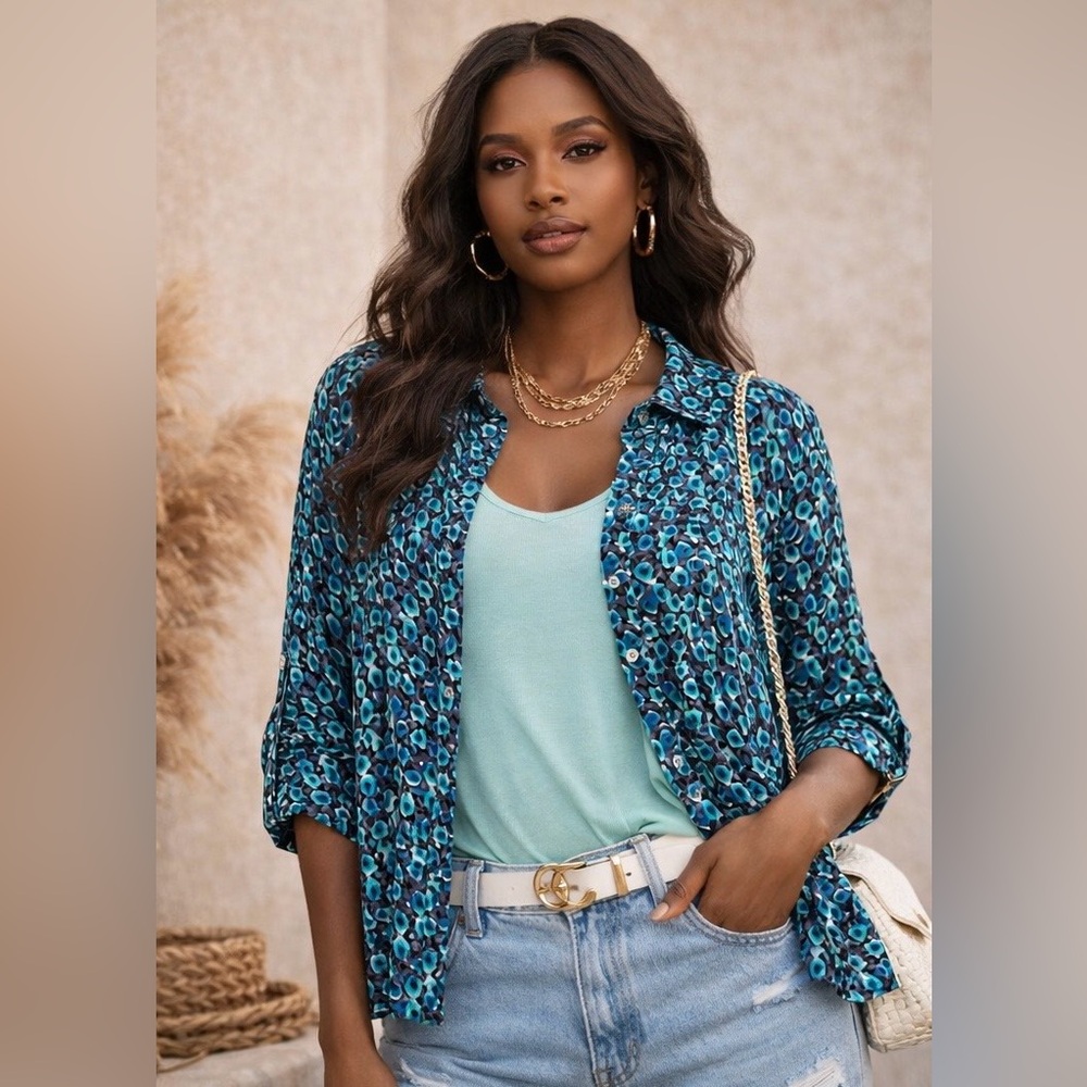 Grand & Greene Brand in Blue Aqua Black 3/4 Sleeve Blouse